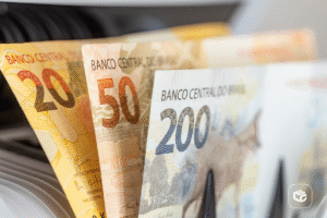 A imagem mostra cédulas de dinheiro brasileiro em close, com notas de R$ 20, R$ 50 e R$ 200 posicionadas lado a lado