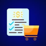 Ilustração de um recibo com símbolo de cifrão e marcações de verificação ao lado de um carrinho de compras sobre fundo azul, representando pagamento, compra, despesas ou quitação de valores. Logotipo do LCbank no canto superior direito.