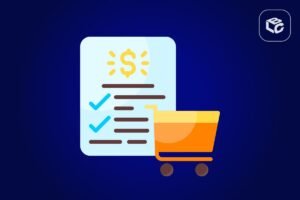 Ilustração de um recibo com símbolo de cifrão e marcações de verificação ao lado de um carrinho de compras sobre fundo azul, representando pagamento, compra, despesas ou quitação de valores. Logotipo do LCbank no canto superior direito.