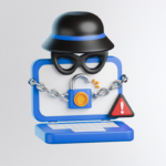 Computador em ilustração com símbolo de atenção e trancado com uma corrente de segurança