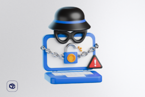 Computador em ilustração com símbolo de atenção e trancado com uma corrente de segurança