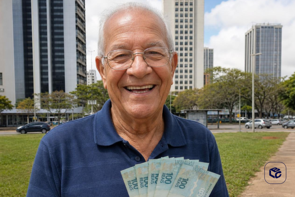 Pessoa idosa de óculos segura várias cédulas de 100 reais em uma área verde urbana, com prédios, árvores e carros ao fundo.