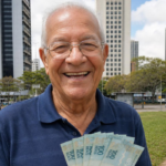 Pessoa idosa de óculos segura várias cédulas de 100 reais em uma área verde urbana, com prédios, árvores e carros ao fundo.