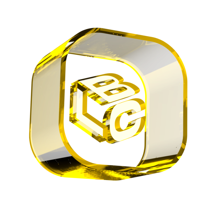 Cubo dourado transparente com letras B, L, C em relevo