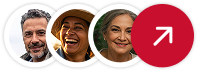 Grupo diverso de pessoas sorrindo, com seta indicando próximo passo
