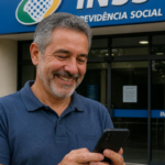 Homem sorri usando celular em frente ao prédio do INSS