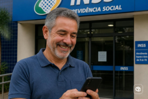 Homem sorri usando celular em frente ao prédio do INSS