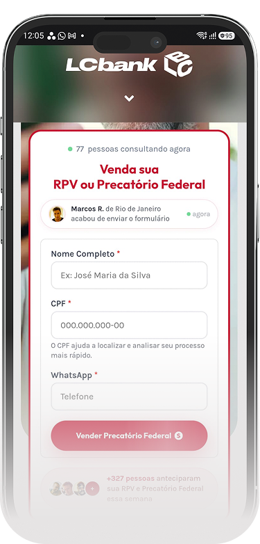 Tela de celular com formulário da Lcbank para venda de RPV ou Precatório Federal